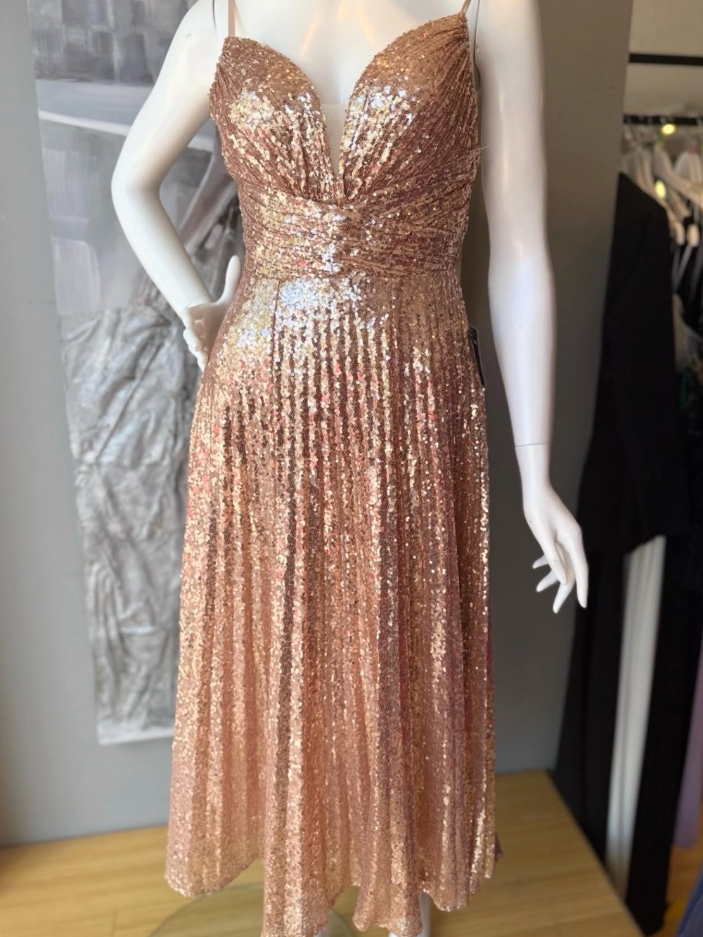 Sequin Midi Dress in Rose Gold with V-Neck and Spaghetti Straps